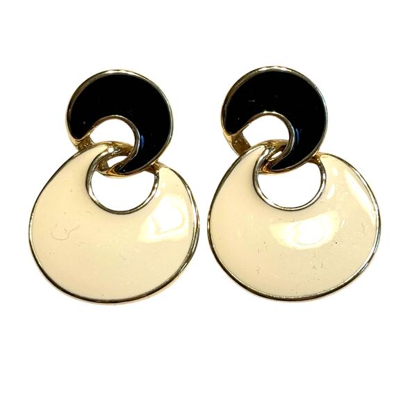 Y2K Pierced earrings mod black & creamy white enamel hoop dangles on goldtone - Picture 1 of 6